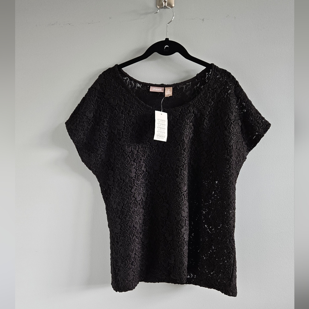 NWT Chico's Textured Black Lace Cap Sleeve Top Size 2 Womens Large - Picture 8 of 15